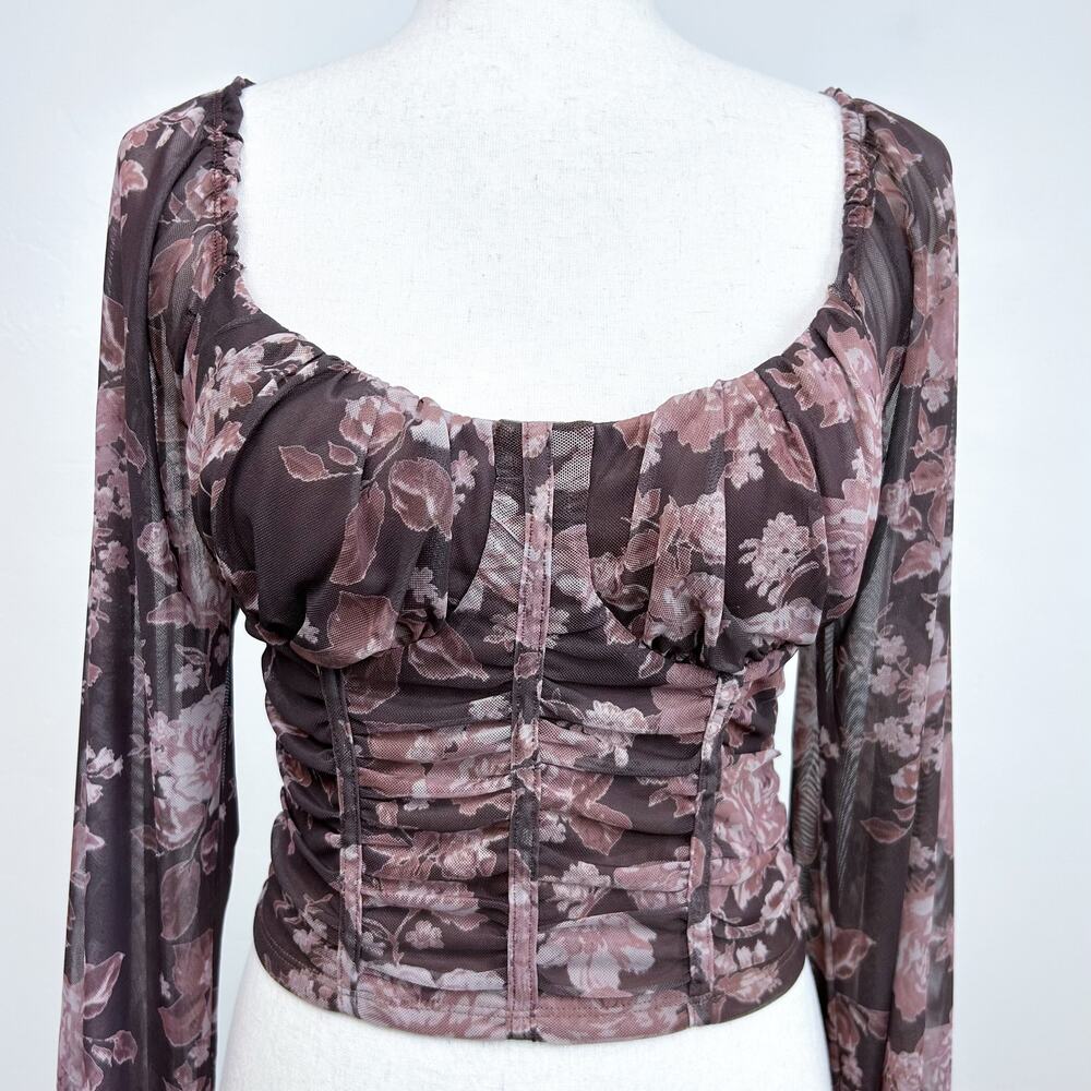 Dylan Ryan Brown Floral Mesh Padded Corset Romantic Long Sleeve Crop Top MEDIUM - Picture 2 of 8